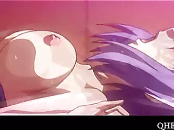 Pink haired Hentai girl fucks three shafts