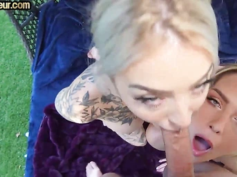 Amateur inked babes sucking in POV 3some be4 pussypouding