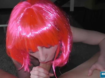 Sexy Miss Pink Kneels Down For A Cock Sucking Session