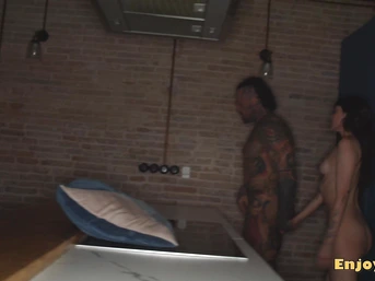 Inked beau penetrated fleshy brunette's taut labia with pleasure.